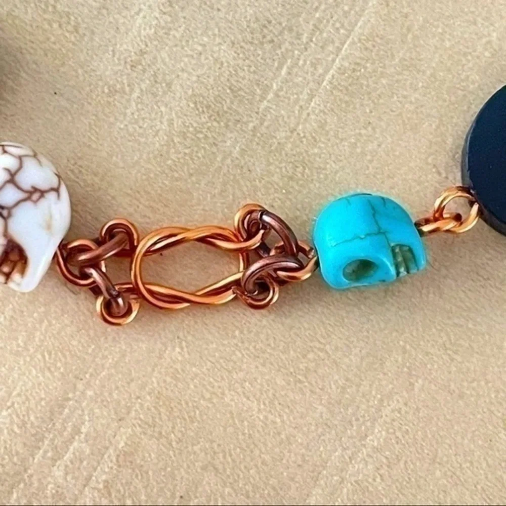 $49 SALE Hand Turned Copper Link & Magnesite Skull Bracelet 7.5” Southwest Gift
